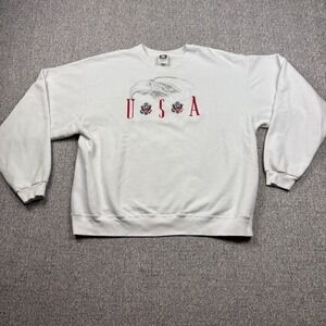 Vintage 90s USA Eagle Sweatshirt Mens L Embroidered Patriotic Cream